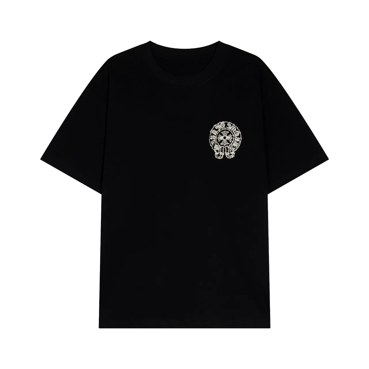P150 Chrome Hearts Chrome Hearts Sanskrit Horseshoe Cross Short Sleeve Size: SMLXL Color: Black Apricot